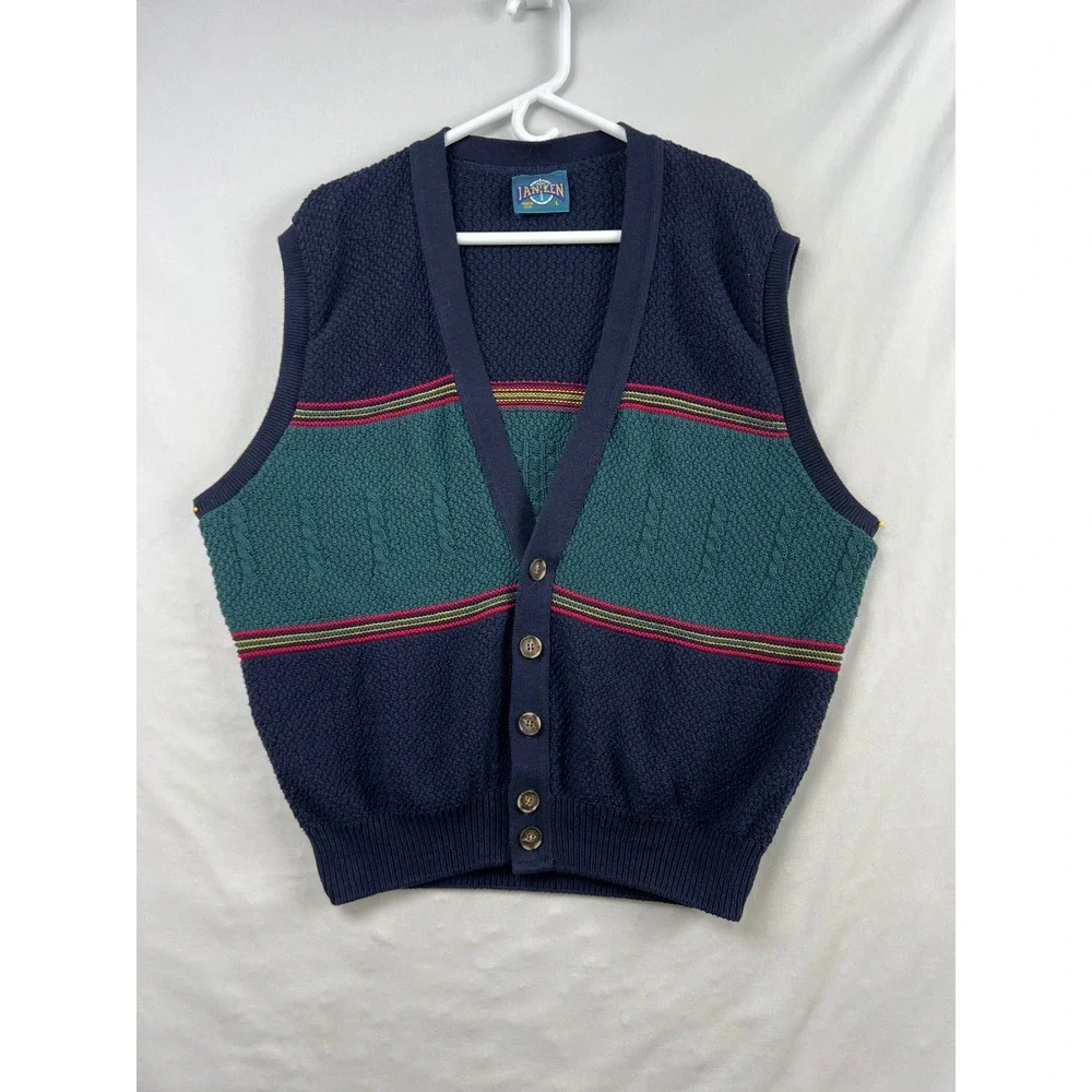 Vintage 90s Jantzen Sweater Vest Mens Large Navy Blue Teal Colorblock  USA Made